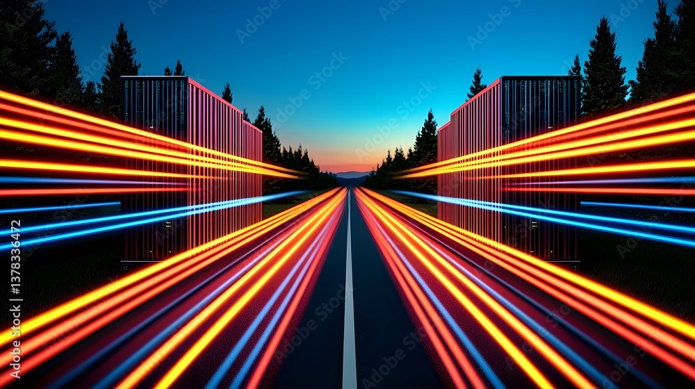 Poster the image shows a stylized depiction of high-speed data transfer between two data centers, represent