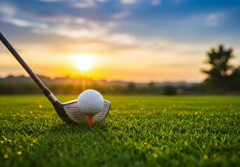 Golf Club and Ball at Sunset on a Lush Green Course