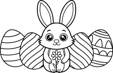 Cute Bunny with Decorated Eggs Outline on Transparent Background