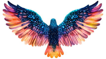 Bird of paradise with galaxy feathers, open wings, celestial theme, cut out transparent