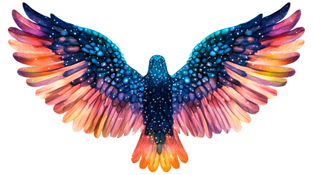 Bird of paradise with galaxy feathers, open wings, celestial theme, cut out transparent