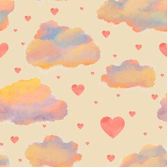 Colorful cloud and heart pattern on a soft background creates a whimsical and dreamy atmosphere for various design projects