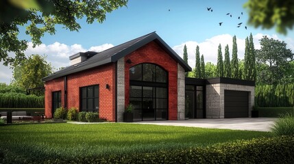 Obraz premium Generative AI showcases a stylish brick house complete with a garage. 