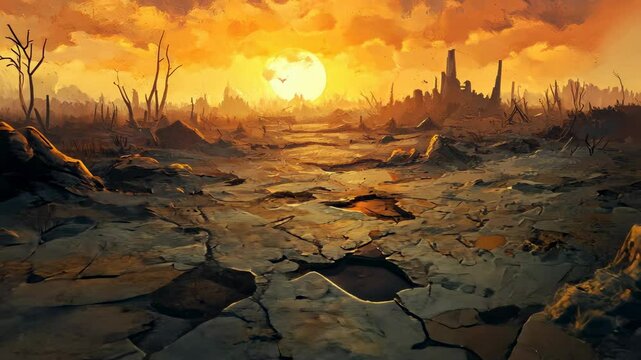 A post-apocalyptic wasteland with barren earth, jagged rocks, and distant ruins in a procedural landscape.