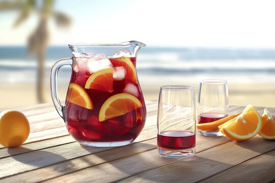 Jarra y vasos de sangr&iacute;a en un fondo veraniego de playa.