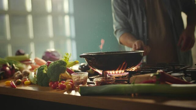 Cropped shot of a young chef pouring sauces in frying vegetables and tossing the pan during cooking in the kitchen. Slow-motion shot