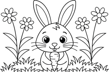 Cartoon Rabbit with Carrot in Meadow and Flowers Outlined Against Transparent Background