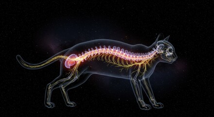 Feline Spinal Anatomy X-Ray Illustration: Detailed Nervous System and Vertebrae of a Cat