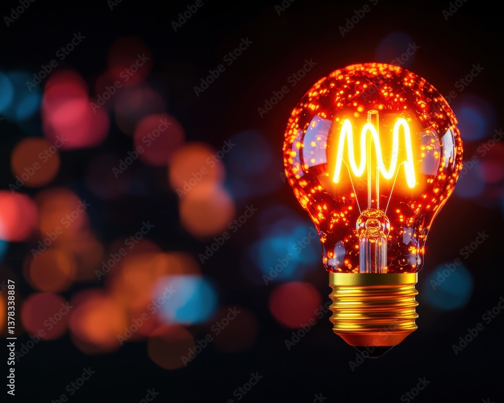 Poster a glowing light bulb with vibrant filament design against a bokeh background, creating a warm and in