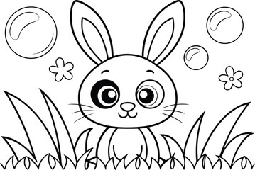 Cute Rabbit Outline with Flowers and Bubbles in a Field