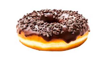 Chocolate frosted donut with sprinkles, bakery dessert, cut out transparent