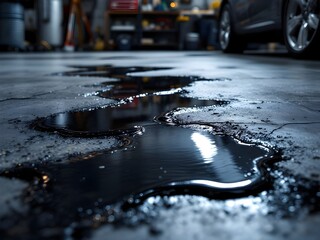 Oil Spill on Garage Floor with Car and Tools in Background