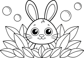 Cute Bunny with Leaves and Bubbles Outline on Transparent Background