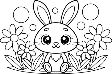 Cute Bunny with Flowers Outlines Cartoon on Transparent Background
