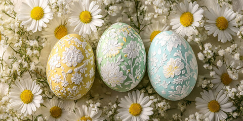 Three Easter eggs, pastel yellow, green, and blue, adorned with white floral embossing, nestled among daisies and baby's breath, symbolizing spring and new beginnings