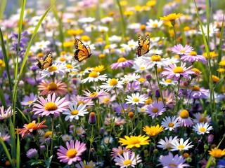 Vibrant Meadow with Butterflies and Colorful Wildflowers in Full Bloom 