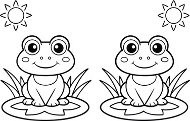 Two Cartoon Frog on Lily Pad with Sun Line Art on Transparent Background