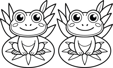 Two Outline Frogs Sitting On Lotus Leaf, Funny Cartoon Characters, White Background