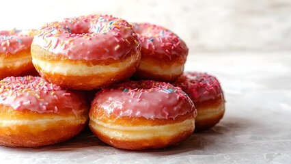 A stack of glazed donuts topped with pink frosting and colorful sprinkles. Concept Glazed Donuts, Pink Frosting, Colorful Sprinkles, Sweet Treats, Dessert Photography