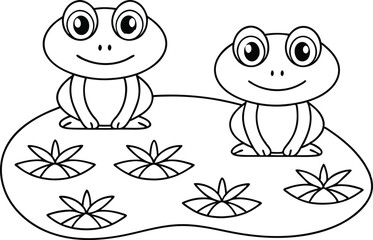 Two Cute Frogs on Lily Pad with Flowers Black Outline Isolated on White Background