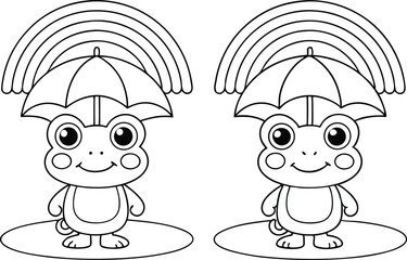 Outlined Cartoon Frog With Umbrella & Rainbow on Transparent Background