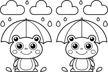 Cute Cartoon Creature with Umbrella, Clouds, and Raindrops Line Art on Transparent Background