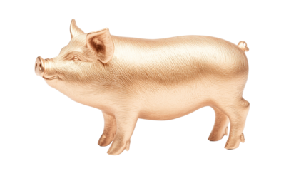 Golden pig statuette with textured surface on black background, cut out transparent