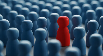 Single Red Figure Standing Out in a Crowd of Uniform Blue Figures Illustrating Individuality and Leadership