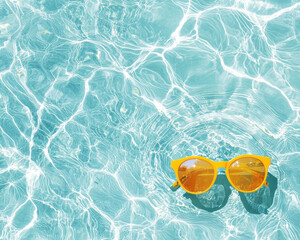 Bright yellow sunglasses floating on surface of clear blue swimming pool, creating vibrant and refreshing summer vibe