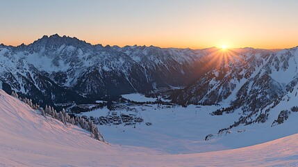 A beautiful sunrise illuminating a snowy mountain landscape at dawn