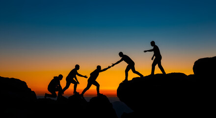 Silhouette of Team Helping Each Other Climb Up Mountain Against Colorful Sky at Sunset