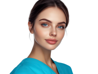 Beautiful young woman with flawless skin and blue eyes wearing medical scrubs, showcasing a confident and compassionate expression for healthcare themes