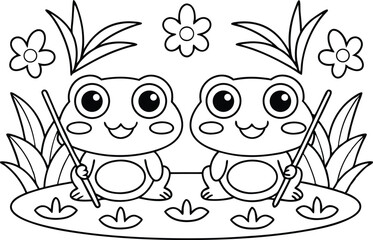 Outline Drawing of Two Cute Frogs with Flowers and Leaves on a White Background