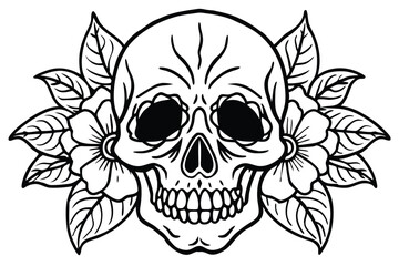 Fototapeta premium Skull and Flowers Tattoo Style, Elegant Death Art, Line Art Skull Transparent
