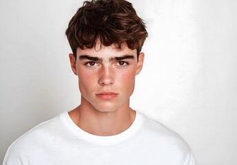 Portrait of a young man with brown hair and freckles
