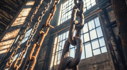 Naklejka premium Rusty chains hang industrial setting, illuminated by sunlight streaming through large windows, creating dramatic atmosphere