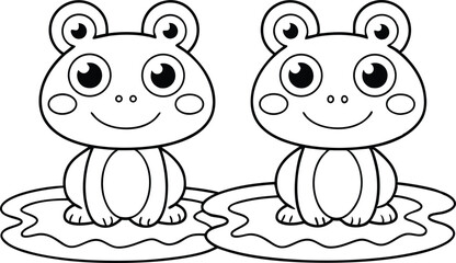 Two Cute Outline Cartoon Frogs on Lily Pads in Pond Water Transparent