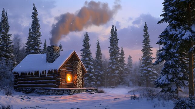 A cozy log cabin with a stone chimney, glowing invitingly in a snowy glade, surrounded by tall firs, smoke rising softly, dusk sky with light snowfall, 32k, full ultra hd, high resolution