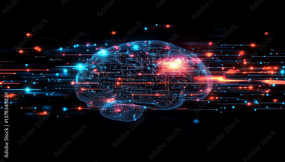 Poster illustration of a human brain and computer interface, digital circuits, neural network connections, 