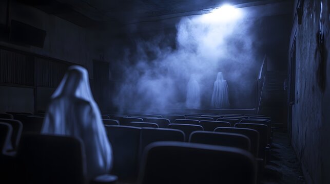 Haunted theater with dim lighting and ghostly reflections in empty seats