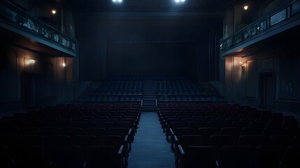 Naklejka premium Haunted theater with dim lighting and ghostly reflections in empty seats