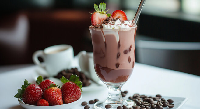 Bebida quente de chocolate servida com morangos frescos e gr&atilde;os de caf&eacute; em uma mesa branca em um ambiente aconchegante de caf&eacute;