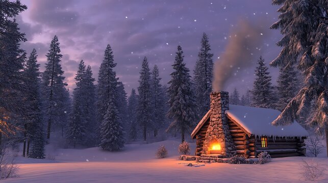 A cozy log cabin with a stone chimney, glowing invitingly in a snowy glade, surrounded by tall firs, smoke rising softly, dusk sky with light snowfall, 32k, full ultra hd, high resolution