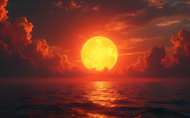 Vibrant Sun Over Ocean at Sunset with Dramatic Clouds and Reflections