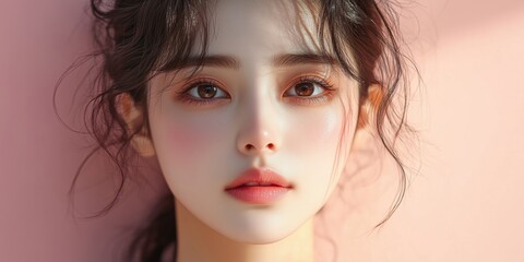 Fototapeta premium High quality portrait of a young Korean girl with perfect glass skin, light dewy glow, minimal makeup and natural blush. Light pastel background, soft daylight, K-Beauty style.