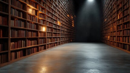 An expansive, dimly lit library with towering bookshelves disappearing into darkness. The atmosphere invokes a sense of mystery, knowledge, and the timeless pursuit of learning.