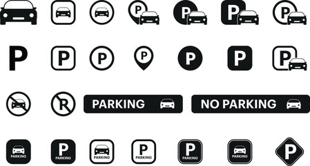 parking sign, road sign, traffic sign, parking icon, no parking icon, symbol, vector, monochrome, black and white
