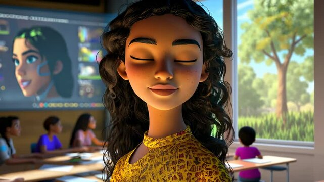 An AI tutor girl avatar conducting an online class for a diverse group of remote students.