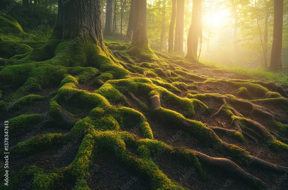 Poster serene forest scene featuring moss covered tree roots, bathed soft sunlight filtering through trees,