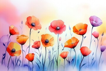 Fototapeta premium Artistic depiction of a field filled with blooming poppies in warm hues.
